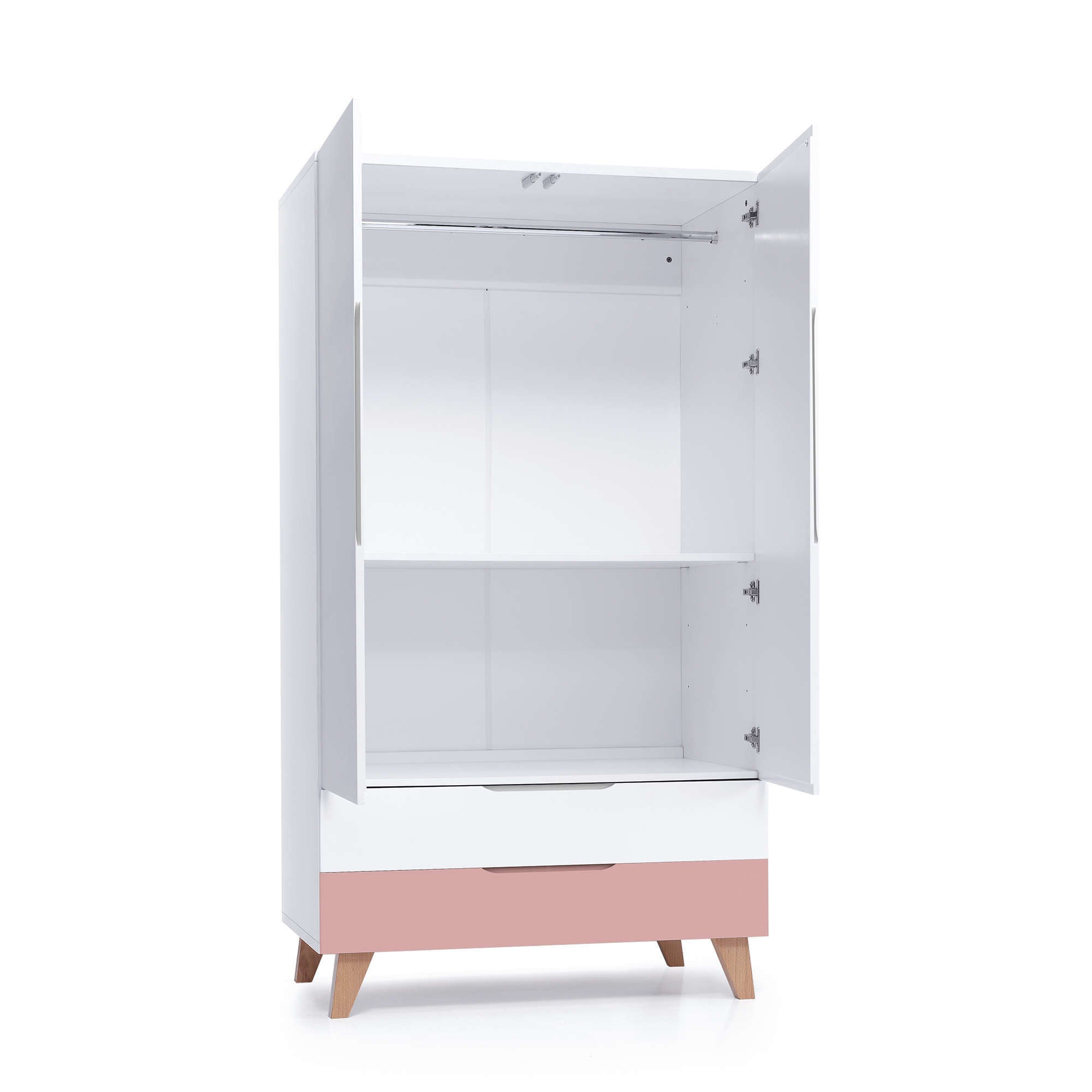 Armario para habitación infantil en blanco, rosa y patas de madera