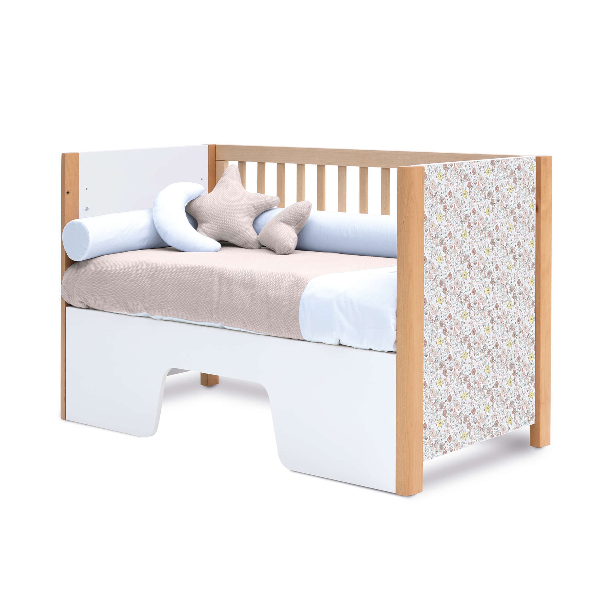 Lettino 60x120 cm legno con vinile fiori rosa sulla testata · Ombra Liberty