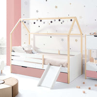 Cuna casita Montessori de madera, con tobogán para juegos y diseño educativo para niños