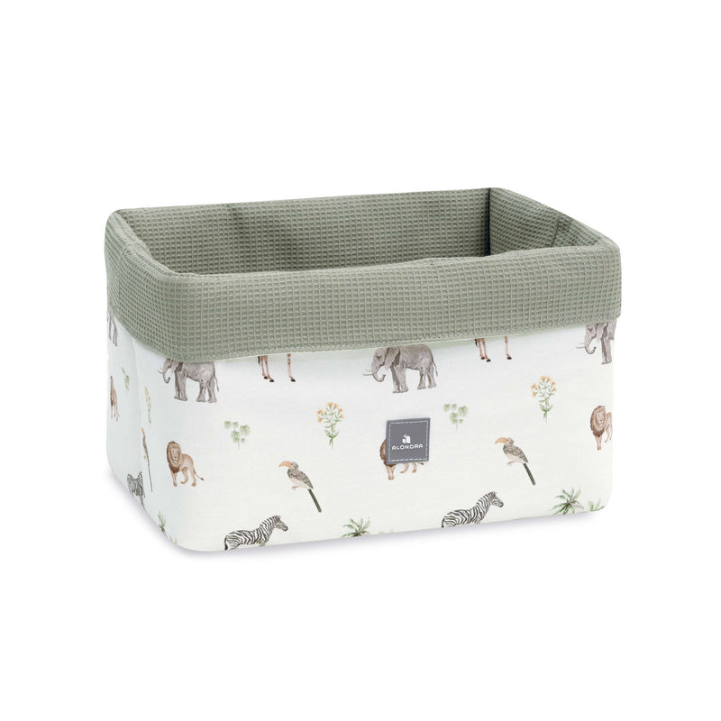 Cesta de tela para productos de bebé en color blanco estampado animales jungla