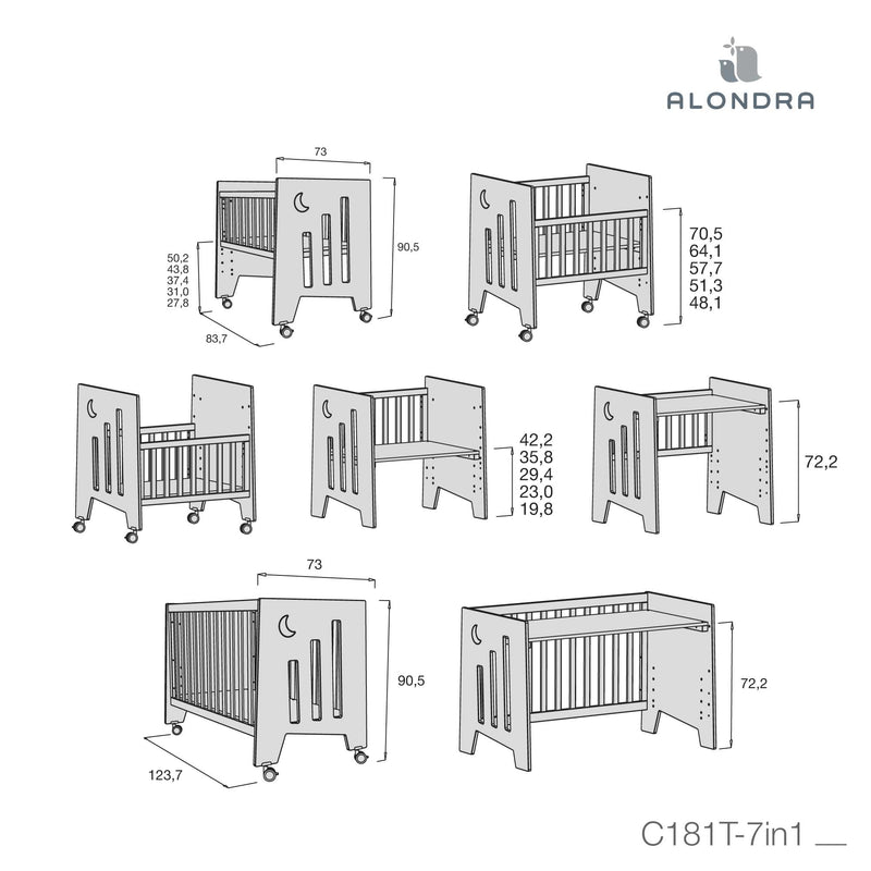 Culla 60x80 cm e lettino 60x120 cm (7in1) antracite · Omni Tre Antracita