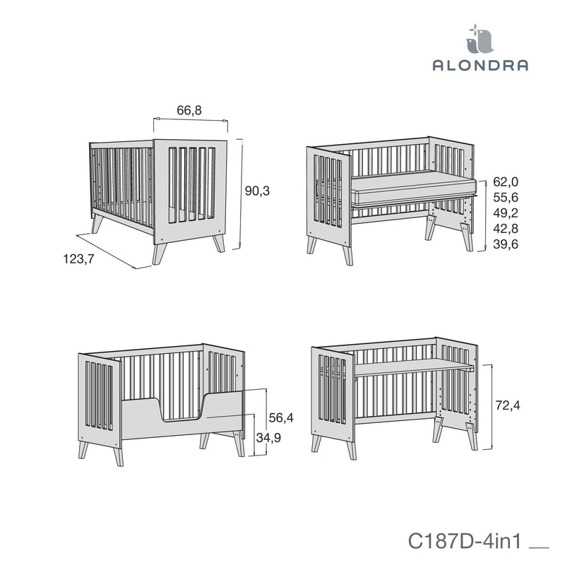 Lettino co-sleeping 60x120 cm (4in1) bianco/grigio · Nexo Due Grey