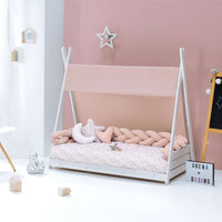 Letto Montessori bianco 90x200 cm con tessile foglie rosa · Homy XL