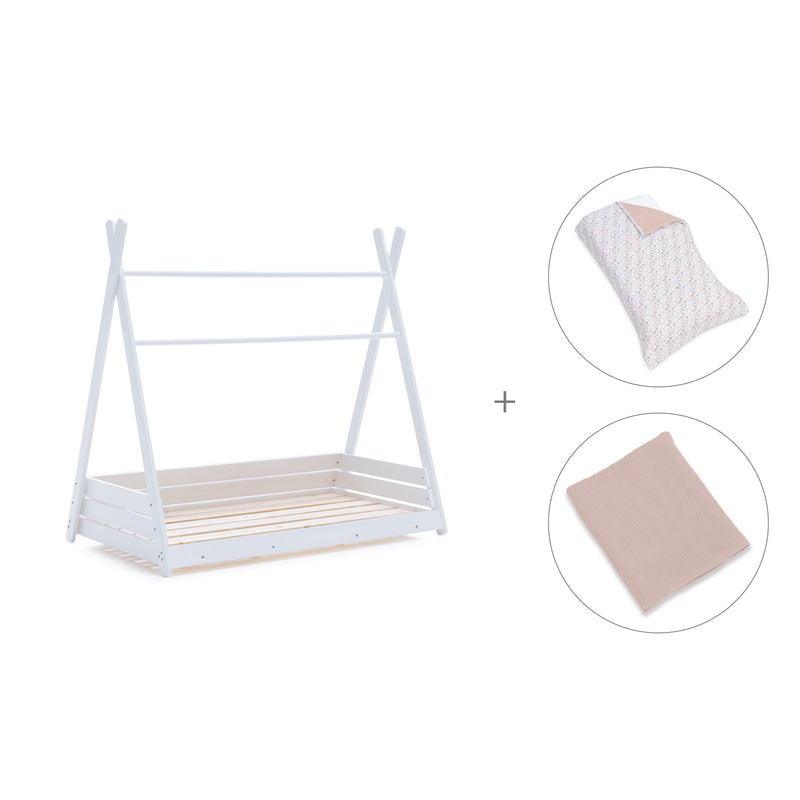 Letto Montessori bianco 70x140 cm con tessile foglie rosa · Homy