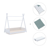 Letto Montessori bianco 70x140 cm con tessile verde eucalipto · Homy
