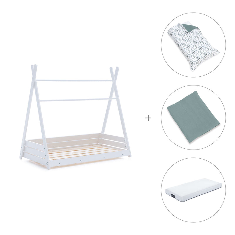 Letto Montessori bianco 70x140 cm con tessile verde eucalipto · Homy