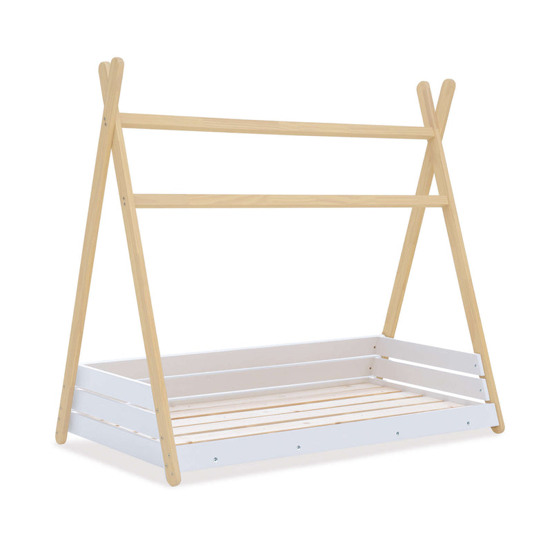 Cama con forma de cabaña Montessori 70x140 cm blanco/madera para niños