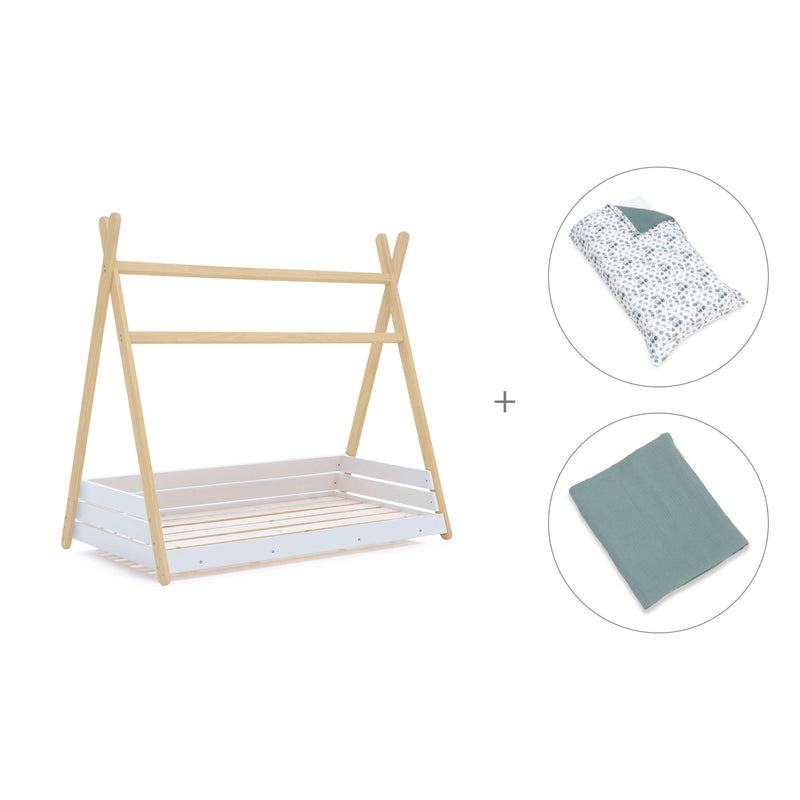 Letto Montessori legno 70x140 cm con tessile verde eucalipto · Homy Life