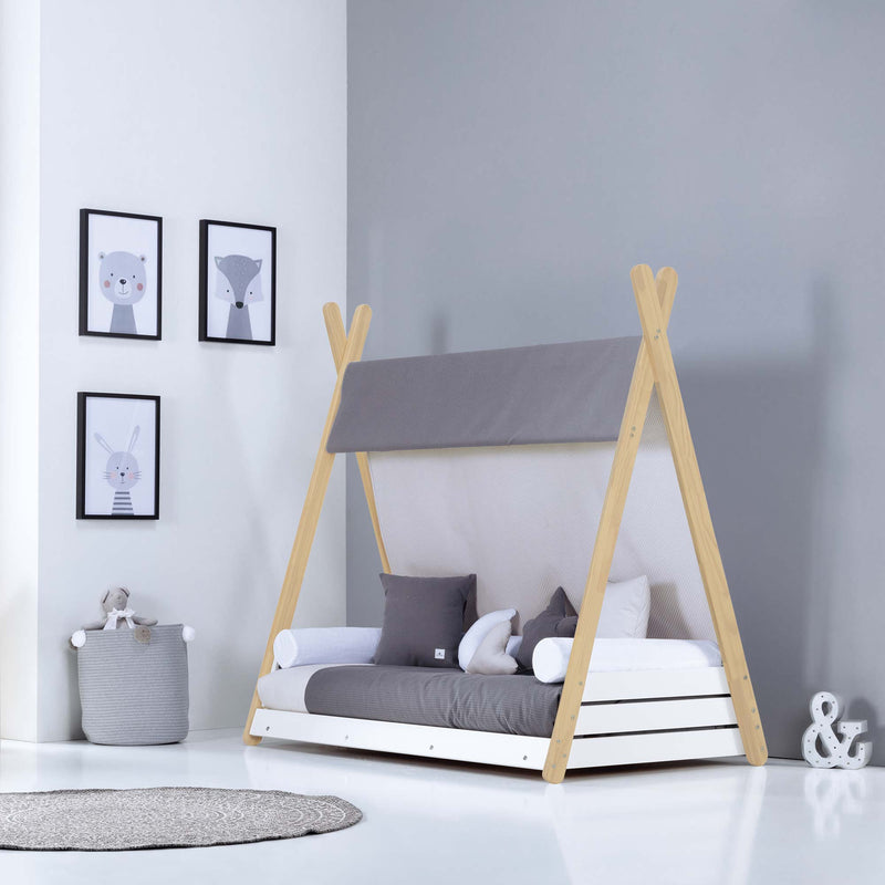 Cama montessori en gris marengo grande con forma de cabaña para habitación de niños