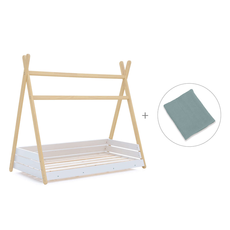 Letto Montessori legno 90x200 cm con tessile verde eucalipto · Homy Life XL
