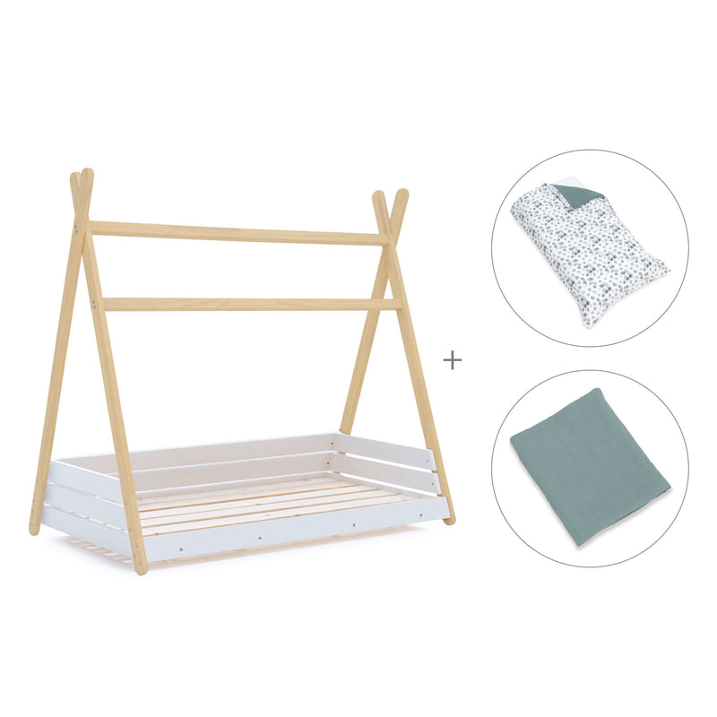 Letto Montessori legno 90x200 cm con tessile verde eucalipto · Homy Life XL