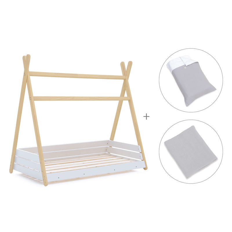 Letto Montessori legno 90x200 cm con tessile grigio · Homy Life XL