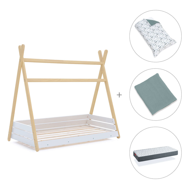 Letto Montessori legno 90x200 cm con tessile verde eucalipto · Homy Life XL