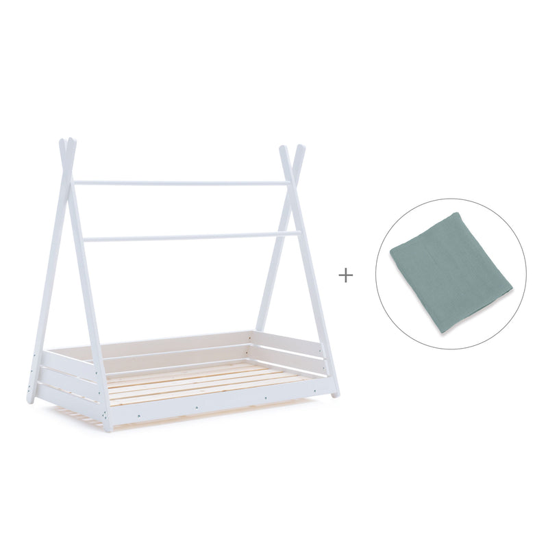 Letto Montessori bianco 90x200 cm con tessile verde eucalipto · Homy XL