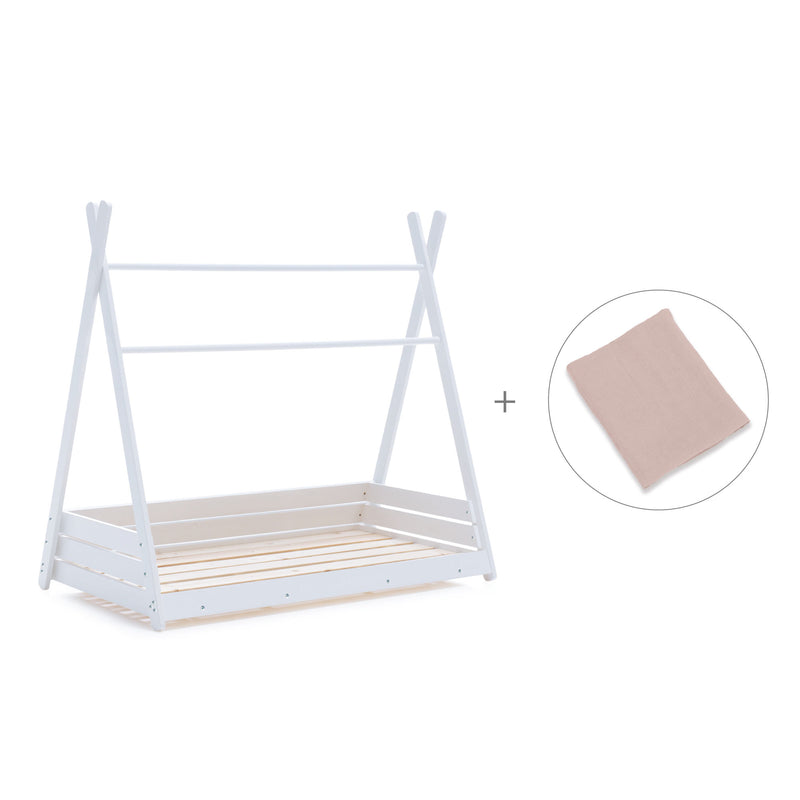 Letto Montessori bianco 90x200 cm con tessile foglie rosa · Homy XL