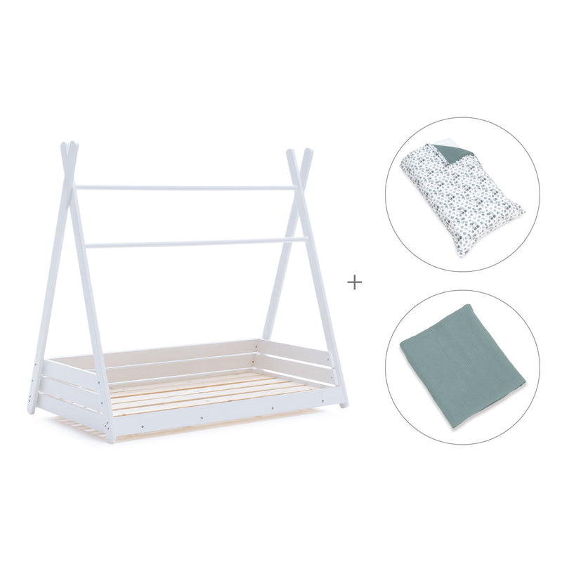 Letto Montessori bianco 90x200 cm con tessile verde eucalipto · Homy XL