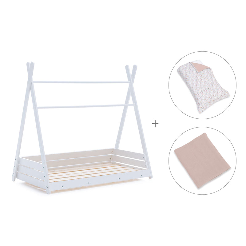 Letto Montessori bianco 90x200 cm con tessile foglie rosa · Homy XL