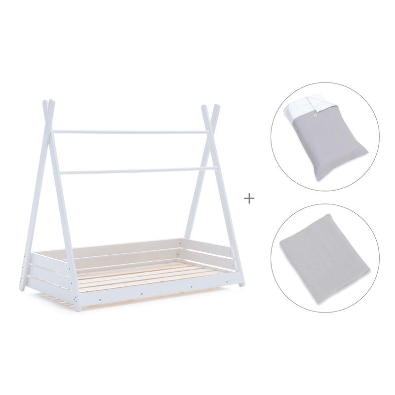 Letto Montessori bianco 90x200 cm con tessile grigio · Homy XL