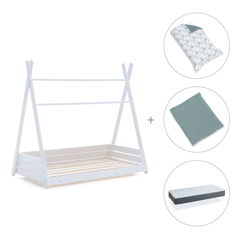Letto Montessori bianco 90x200 cm con tessile verde eucalipto · Homy XL