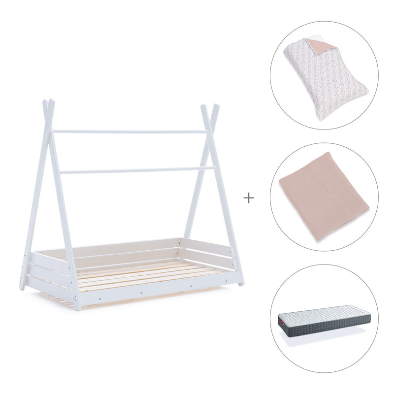 Letto Montessori bianco 90x200 cm con tessile foglie rosa · Homy XL