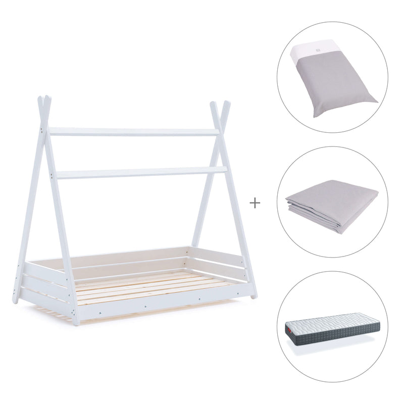 Letto Montessori a casetta 90x200 cm bianco con tessile Carezza · Homy XL