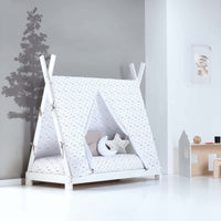 Cama-tipi Montessori (70x140cm) con toldo estampado de bosque