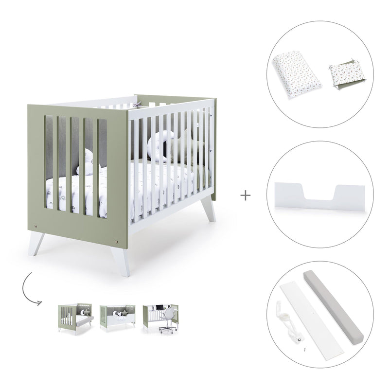 Lettino co-sleeping style nordico 60x120 cm (4in1) bianco/verde oliva · Nexo C187-M7756