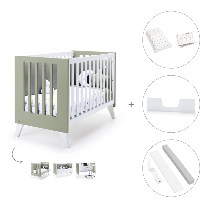 Lettino co-sleeping style nordico 60x120 cm (4in1) bianco/verde oliva · Nexo C187-M7756