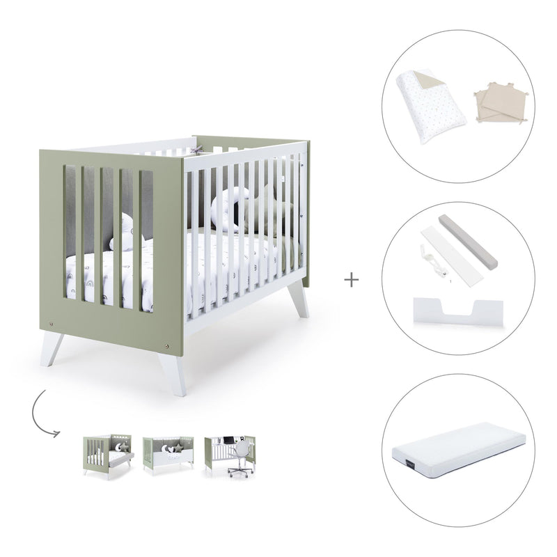 Lettino co-sleeping style nordico 60x120 cm (4in1) bianco/verde oliva · Nexo C187-M7756
