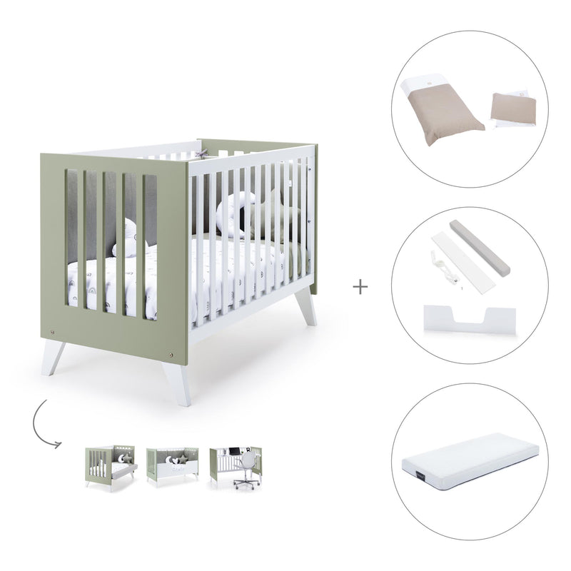Lettino co-sleeping style nordico 60x120 cm (4in1) bianco/verde oliva · Nexo C187-M7756