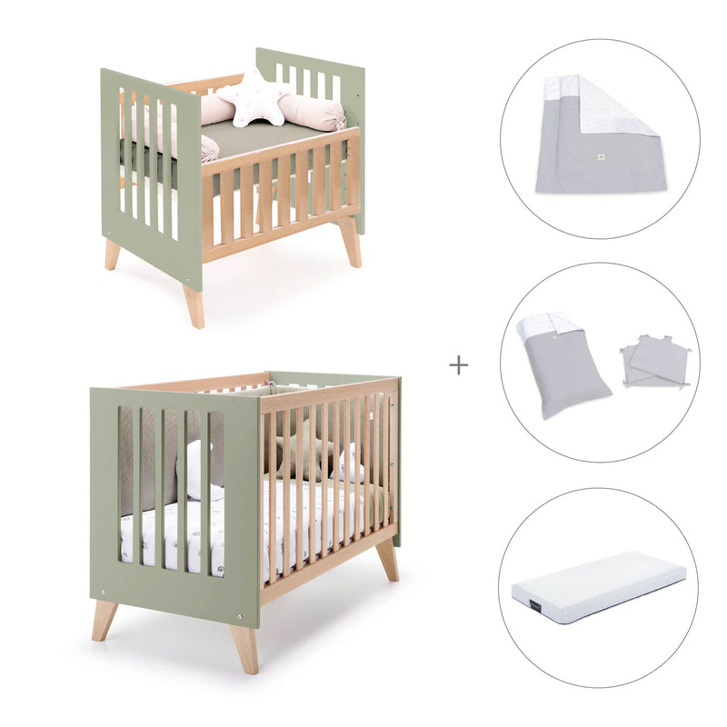 Culla trasformabile in lettino (7in1) legno/verde-oliva · Nexor Tre Erba