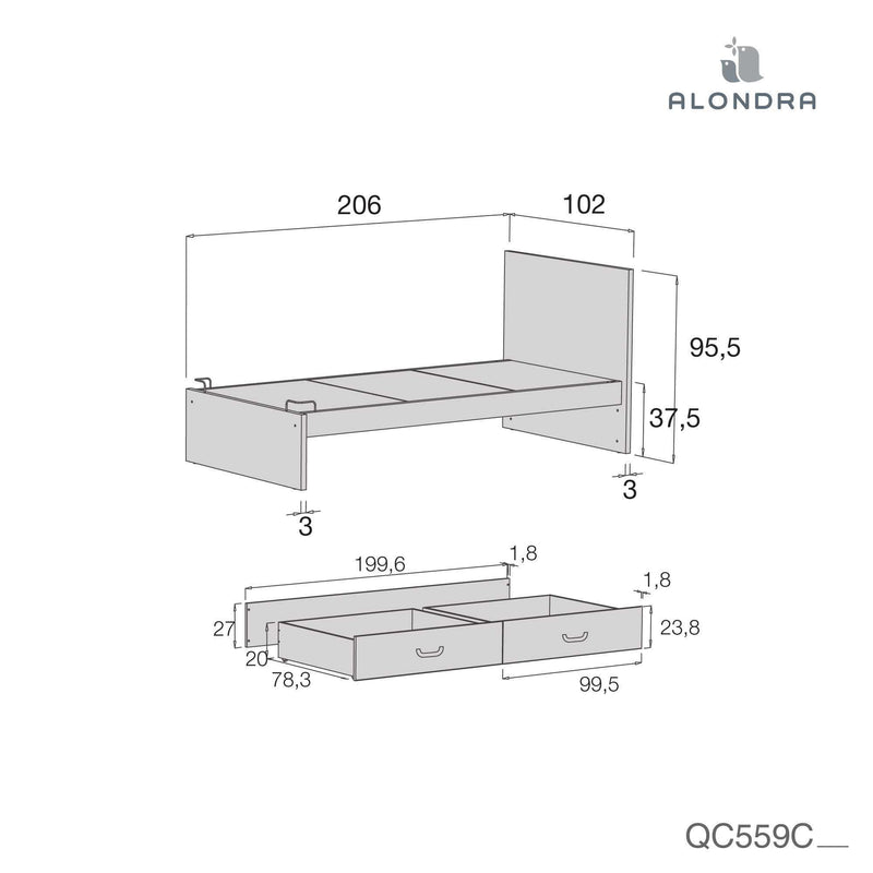 Letto junior di 90x200 cm con cassettoni o letto estraibile · Joy QC559