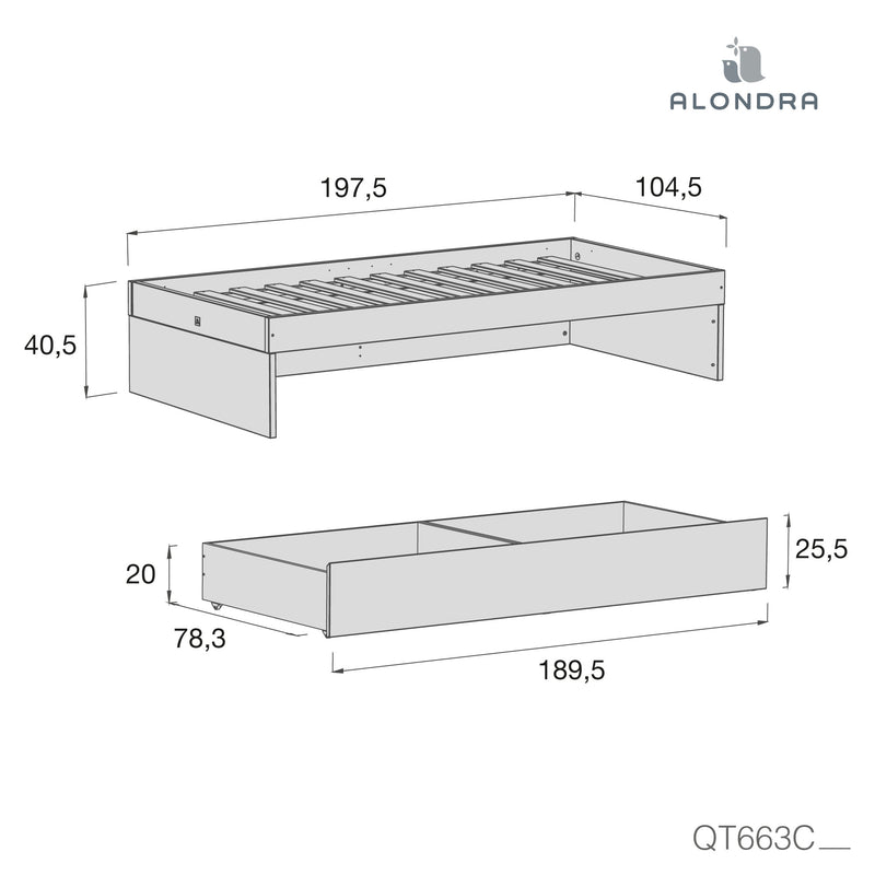 Medidas cama infantil de 90x190 cm compacta con cajones BIANCA DUE QT663C