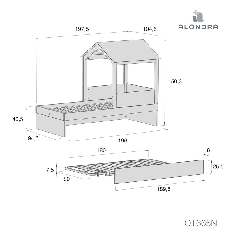 Medidas cama infantil 90x190 cm tipo tren con nido BIANCA QUATTRO QT665N