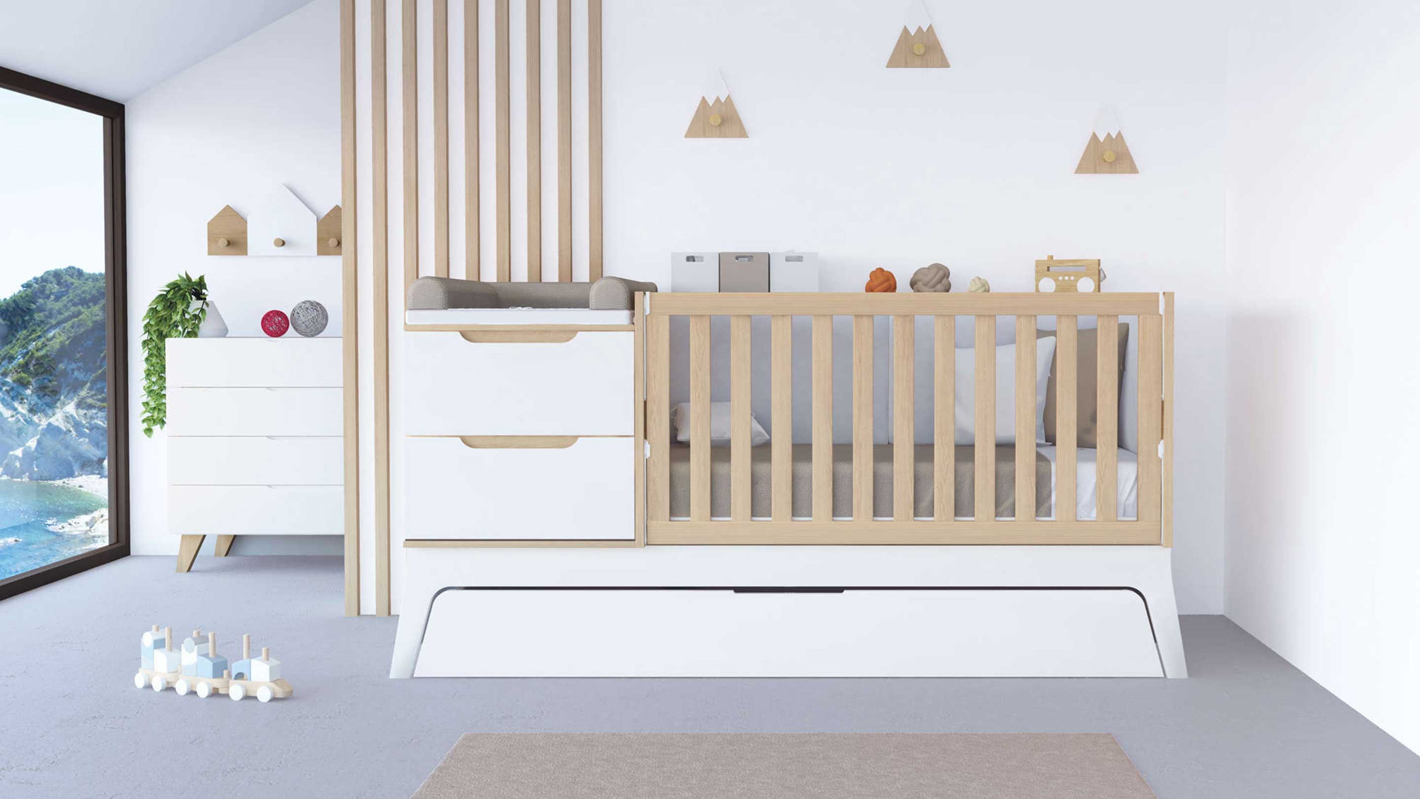 cuna convertible de madera que se convierte en habitación infantil