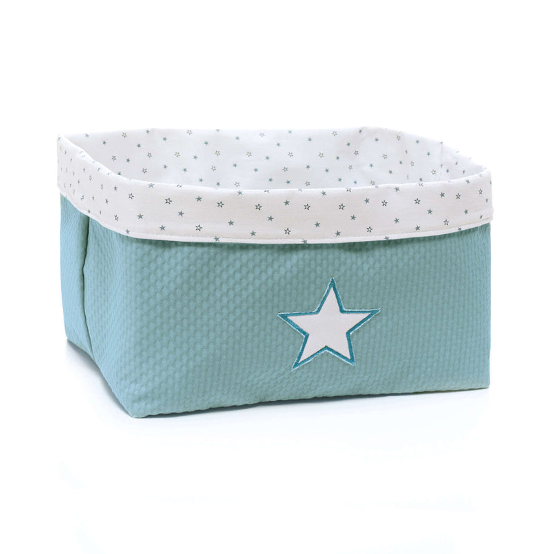 Cesta colonias acolchada color verde agua turquesa con estrellas bordada estampada